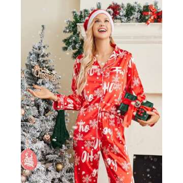 Ekouaer Women's Classic Button Down Long Satin Silk Pajama Set,Large,Red Snow Chirstmas Pattern