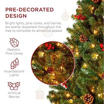 Best Choice Products 6ft Pre-Lit Pre-Decorated Spruce Hinged Artificial Christmas Tree w/ 798 Tips, Pinecones, Berries, 250 Lights, Metal Base