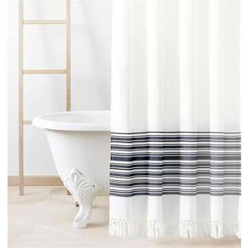 Felisa Blue Striped Shower Curtain Liner with Double Knot Fringe, Farmhouse Boho Fabric Shower Curtain for Bathroom,Machine Washable,72"x72"