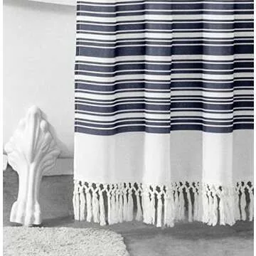 Felisa Blue Striped Shower Curtain Liner with Double Knot Fringe, Farmhouse Boho Fabric Shower Curtain for Bathroom,Machine Washable,72"x72"