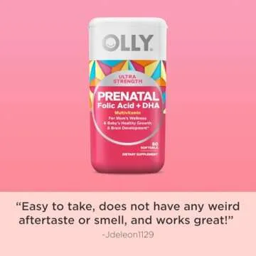 OLLY Ultra Strength Prenatal Multivitamin Softgels, Supports Healthy Growth, Brain Development, Iron, Folic Acid, DHA, Vitamins C, E, 30 Day Supply-60 Count