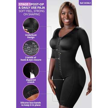 Snatched Body Women's Stage 1 Full Body Shapewear Faja Colombiana Post Surgery Compression BBL Black L