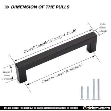 goldenwarm 10 Pack 5 Inch Black Cabinet Handles Matte Black Drawer Pulls Stainless Steel Cabinet Har...