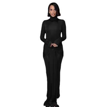 heyheyshine Women's Long Sleeve Turtleneck Dress Bodycon Maxi Dress Casual Long Dress Hollow Tie Waist Dress Bodycon Dress (Black,L,Large)