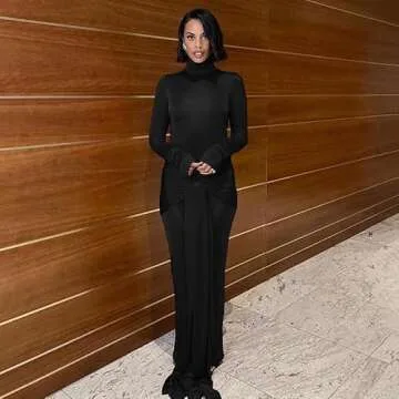 heyheyshine Women's Long Sleeve Turtleneck Dress Bodycon Maxi Dress Casual Long Dress Hollow Tie Waist Dress Bodycon Dress (Black,L,Large)