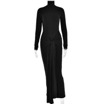 heyheyshine Women's Long Sleeve Turtleneck Dress Bodycon Maxi Dress Casual Long Dress Hollow Tie Waist Dress Bodycon Dress (Black,L,Large)