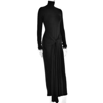 heyheyshine Women's Long Sleeve Turtleneck Dress Bodycon Maxi Dress Casual Long Dress Hollow Tie Waist Dress Bodycon Dress (Black,L,Large)