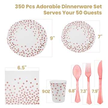 350 Pcs White Rose Gold Plates and Napkins Party Supplies, Serves 50 Rose Gold Bridal Party Decorations Paper Plates Napkins Cups Forks Knives Spoons for Birthday Baby Bridal Shower Decorations