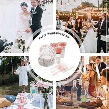 350 Pcs White Rose Gold Plates and Napkins Party Supplies, Serves 50 Rose Gold Bridal Party Decorations Paper Plates Napkins Cups Forks Knives Spoons for Birthday Baby Bridal Shower Decorations