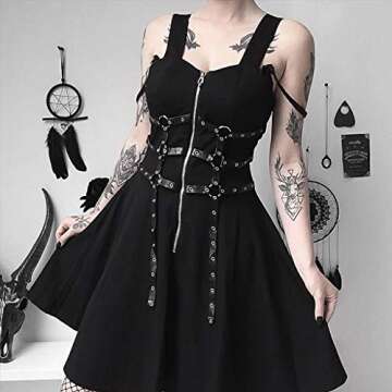 NANTE Top Gothic Cosplay Dress - Black Zipper Pleated Long Skirt for Women