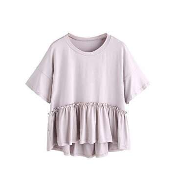 ROMWE Women's Loose Ruffle Hem Short Sleeve High Low Peplum Blouse Top Grey M