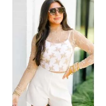 Flygo Sheer Lace Long Sleeve Top See Through Tops for Women Mock Neck Floral Blouses Shirts(Apricot-M)