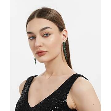 UDYLGOON Cubic Zirconia Bride Wedding Earrings Chandelier Long Dangle Earrings for Pageant Prom (Green)