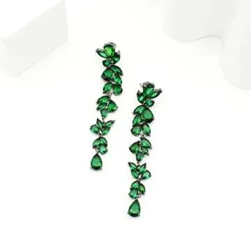 UDYLGOON Cubic Zirconia Bride Wedding Earrings Chandelier Long Dangle Earrings for Pageant Prom (Green)