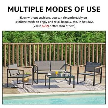 NATURAL EXPRESSIONS 4 Pieces Patio Furniture Sets,Metal Outdoor Patio Furniture Sets,Outdoor Sectional Furniture Patio Conversation Set,Wooden Anti-Scald Armrest,Sling Mesh,4" Olefin Cushions