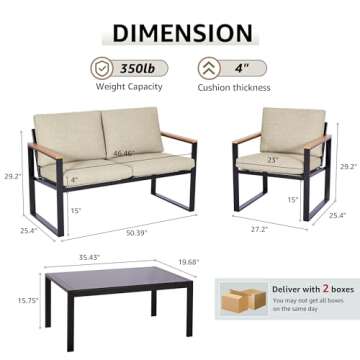 NATURAL EXPRESSIONS 4 Pieces Patio Furniture Sets,Metal Outdoor Patio Furniture Sets,Outdoor Sectional Furniture Patio Conversation Set,Wooden Anti-Scald Armrest,Sling Mesh,4" Olefin Cushions