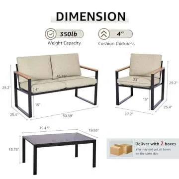 NATURAL EXPRESSIONS 4 Pieces Patio Furniture Sets,Metal Outdoor Patio Furniture Sets,Outdoor Sectional Furniture Patio Conversation Set,Wooden Anti-Scald Armrest,Sling Mesh,4" Olefin Cushions