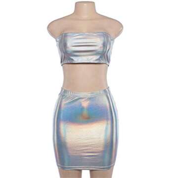 Fenyong Women's Metallic Shiny Off Shoulder Crop Top + Silver Skirt Two Piece Rave Outfits Set