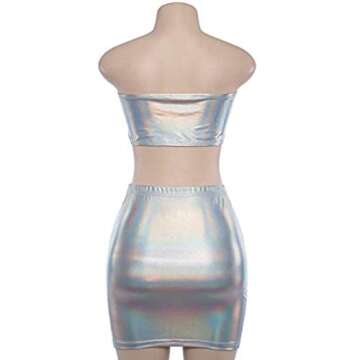Fenyong Women's Metallic Shiny Off Shoulder Crop Top + Silver Skirt Two Piece Rave Outfits Set