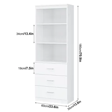 Stylish FOTOSOK 71" White Bookshelf with Drawers