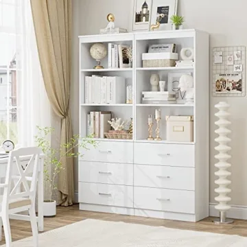 Stylish FOTOSOK 71" White Bookshelf with Drawers