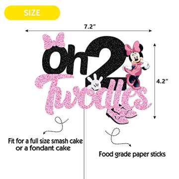 Oh Twodles Cake Topper for Girls, Black Glitter Mouse Second 2nd Birthday Cake Topper with Pink Bows and White Gloves Girls Birthday Party Decorations Supplies(Double-sided)