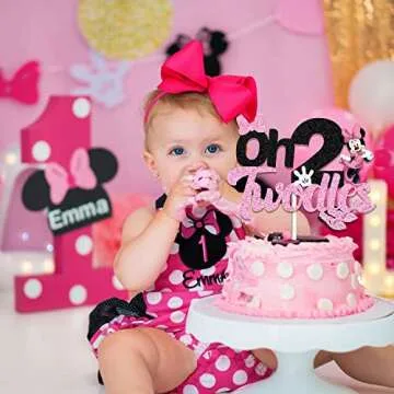 Oh Twodles Cake Topper for Girls, Black Glitter Mouse Second 2nd Birthday Cake Topper with Pink Bows and White Gloves Girls Birthday Party Decorations Supplies(Double-sided)