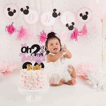 Oh Twodles Cake Topper for Girls, Black Glitter Mouse Second 2nd Birthday Cake Topper with Pink Bows and White Gloves Girls Birthday Party Decorations Supplies(Double-sided)