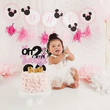 Oh Twodles Cake Topper for Girls, Black Glitter Mouse Second 2nd Birthday Cake Topper with Pink Bows and White Gloves Girls Birthday Party Decorations Supplies(Double-sided)