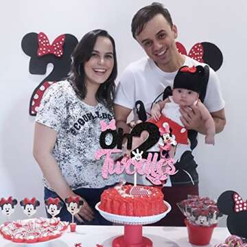 Oh Twodles Cake Topper for Girls, Black Glitter Mouse Second 2nd Birthday Cake Topper with Pink Bows and White Gloves Girls Birthday Party Decorations Supplies(Double-sided)