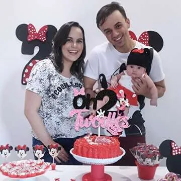Oh Twodles Cake Topper for Girls, Black Glitter Mouse Second 2nd Birthday Cake Topper with Pink Bows and White Gloves Girls Birthday Party Decorations Supplies(Double-sided)