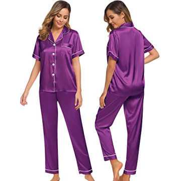 SWOMOG Women Satin Pajamas Set Short Sleeve Top & Pants Sleepwear Silky Button Down Nightwear 2pcs L...