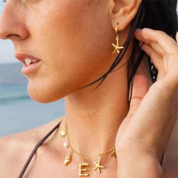 Shell Necklace and Starfish Hoop Earrings Set - Personalized Charm & Gold Jewelry for Women