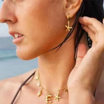 Shell Necklace and Starfish Hoop Earrings Set - Personalized Charm & Gold Jewelry for Women
