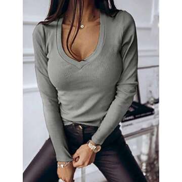 Fessceruna Womens Long Sleeve Shirts Tops Deep V Neck Ribbed Knit Fall Casual Slim Fit Basic Sexy T-...
