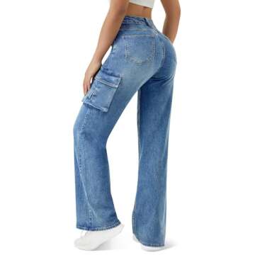 Women High Waisted Cargo Jean for Women with 6 Pockets Straight Wide Leg Jean Casual Baggy Pants Blu...