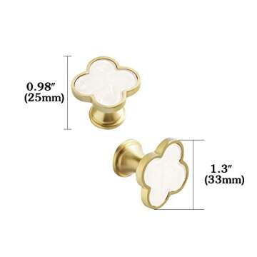 RZDEAL 1.3" Solid Brass Clover Knobs Bathroom Cabinet Knobs Mother of Pearl Decorated Kitchen Handles Brushed Gold Drawer Knobs and Pulls (4, White)