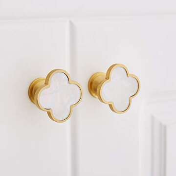 RZDEAL 1.3" Solid Brass Clover Knobs Bathroom Cabinet Knobs Mother of Pearl Decorated Kitchen Handles Brushed Gold Drawer Knobs and Pulls (4, White)