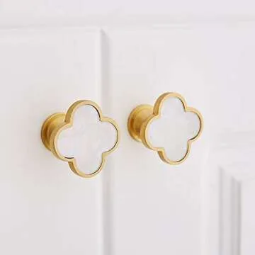 RZDEAL 1.3" Solid Brass Clover Knobs Bathroom Cabinet Knobs Mother of Pearl Decorated Kitchen Handles Brushed Gold Drawer Knobs and Pulls (4, White)