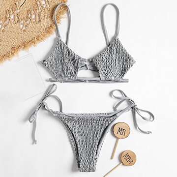 ZAFUL Women's Smocked Bikini Sexy Keyhole Shirred Spaghetti Strap Thong Cheeky Bathing Suits Light Gray M