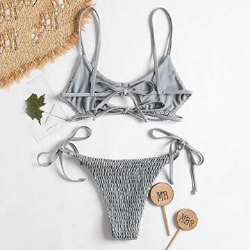 ZAFUL Women's Smocked Bikini Sexy Keyhole Shirred Spaghetti Strap Thong Cheeky Bathing Suits Light Gray M