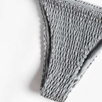 ZAFUL Women's Smocked Bikini Sexy Keyhole Shirred Spaghetti Strap Thong Cheeky Bathing Suits Light Gray M