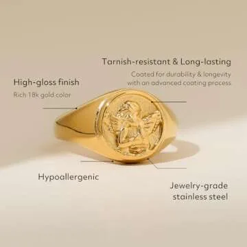 BENIQUE Gold Silver Chunky Signet Stackable Pinky Ring for Women Men, Guardian Angel Cherub, Tarnish-Resistant 18K Gold Plated Stainless Steel Size 3 4 5 6 7 8 9 10 11 (AngelSignet/G10)