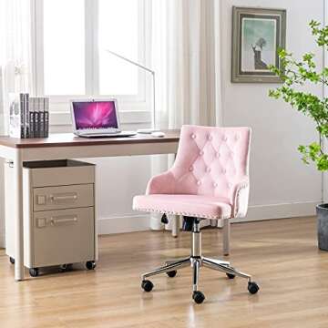 Freemax Pink Desk Chair Velvet Office Chair with Wheels Tufted Vanity Chair Fabric Task Swivel Armchair for Bedroom Living Room