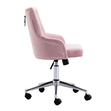 Freemax Pink Desk Chair Velvet Office Chair with Wheels Tufted Vanity Chair Fabric Task Swivel Armchair for Bedroom Living Room