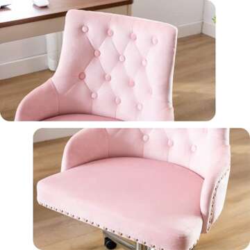 Freemax Pink Desk Chair Velvet Office Chair with Wheels Tufted Vanity Chair Fabric Task Swivel Armchair for Bedroom Living Room