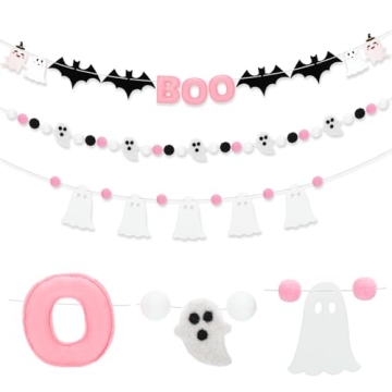 VitalCozy 3 Pcs Halloween Felt Banner 9.83 Ft Pink Boo Banner Halloween Felt Ball Ghost Bat Banner Pre Strung Pom Pom Ball Garlands for Halloween Party Decorations