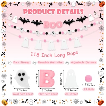 VitalCozy 3 Pcs Halloween Felt Banner 9.83 Ft Pink Boo Banner Halloween Felt Ball Ghost Bat Banner Pre Strung Pom Pom Ball Garlands for Halloween Party Decorations