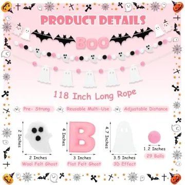 VitalCozy 3 Pcs Halloween Felt Banner 9.83 Ft Pink Boo Banner Halloween Felt Ball Ghost Bat Banner Pre Strung Pom Pom Ball Garlands for Halloween Party Decorations