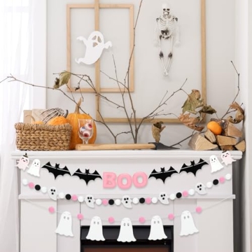VitalCozy 3 Pcs Halloween Felt Banner 9.83 Ft Pink Boo Banner Halloween Felt Ball Ghost Bat Banner Pre Strung Pom Pom Ball Garlands for Halloween Party Decorations
